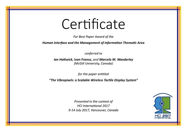 HCII 2017 Best Paper Award Certificate