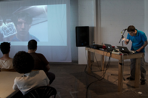 The author presenting FaceQuencer at Music Hack Day Montreal